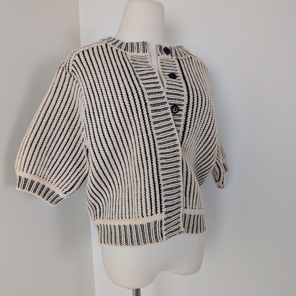 Knit Cardigan Short Sleeve Button Up Stripes Thick - Picture 5 of 11